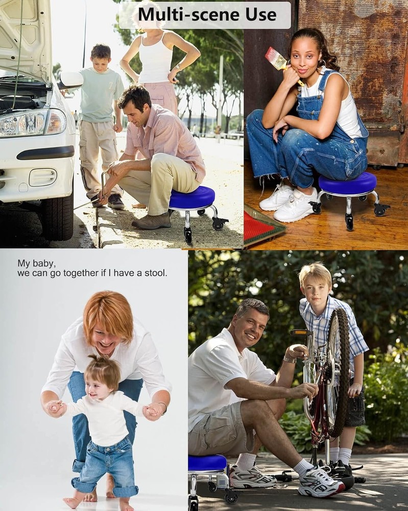 Heavy Duty Low Rolling Stool - 450lb Capacity Blue PU Leather Roller Seat