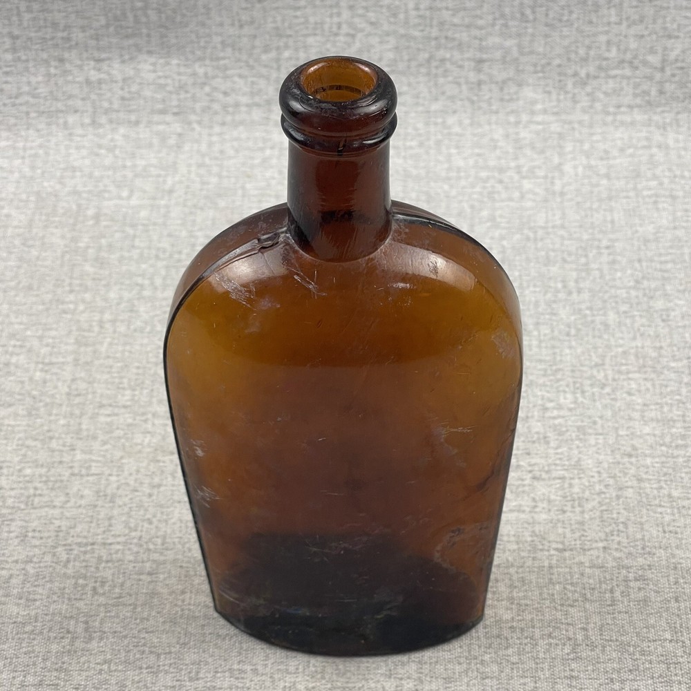 Amber Strap Side Whiskey Flask "194" Embossed Base