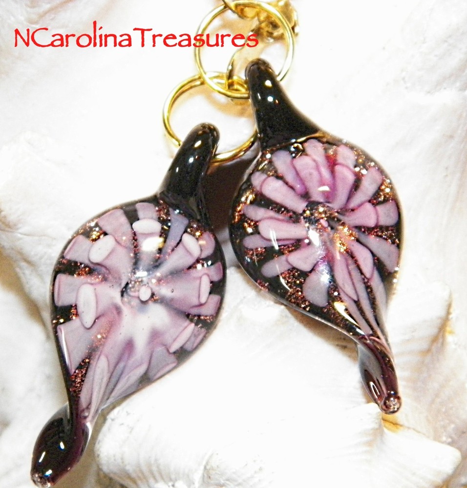 MURANO GLASS CEILING FAN SWITCH PULL LEAF DESIGN PURPLE FLORAL BURST SMALL PAIR