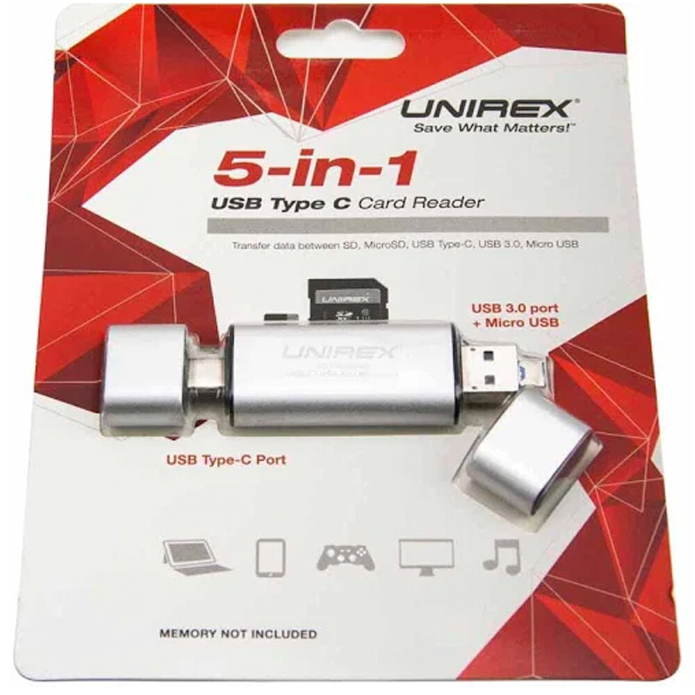 Unirex 5-in-1 SD/Micro SD/USB Type C/ USB 3.0/ Micro USB Card Reader