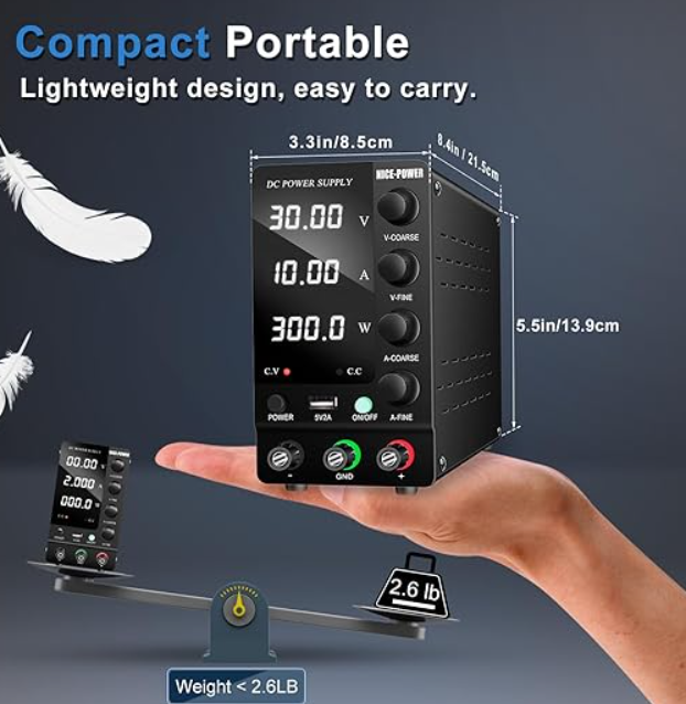 DC Bench Power Supply Variable 30V 10A,Adjustable Switching Regulated w/USB Port