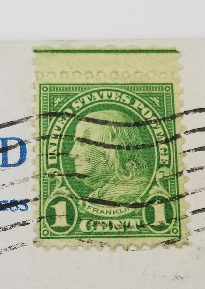 Benjamin Franklin Green Line one cent Stamp on 1931 Postcard