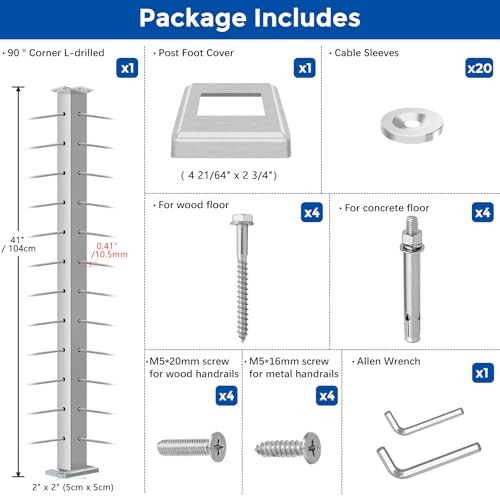 42" Corner Post for Deck Cable Railing Kit System, 1 x Corner Post 1 Brushed