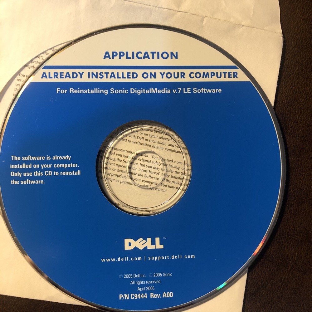 Dell Reinstallation Sonic Digital Media Version 7 LE software CD April 2005