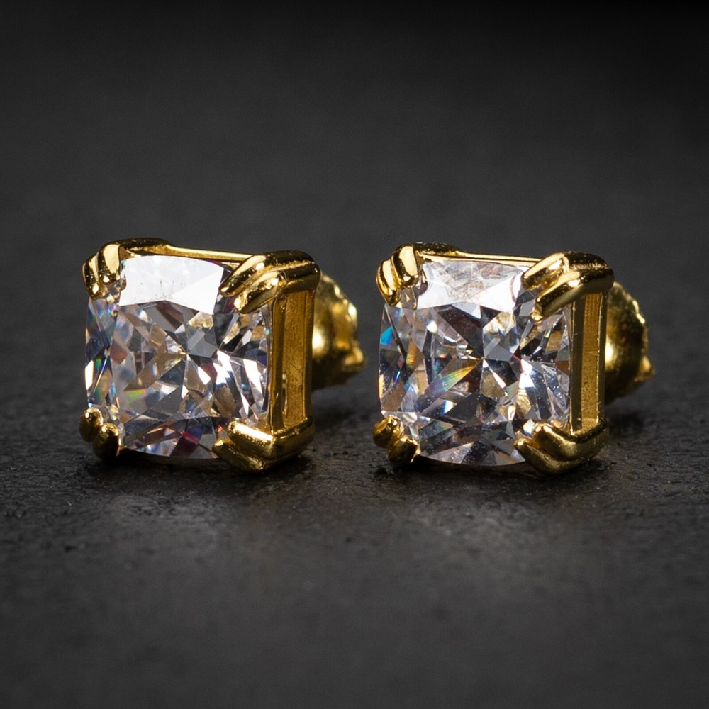 Yellow Gold Plated 925 Sterling Silver Cushion Cut Screw Back Stud Earrings