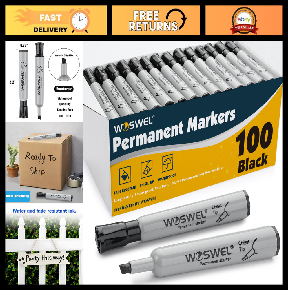 100 Pack Jumbo Thick Permanent Markers, Chisel Tip, Black, Wide Tip for Plastic,