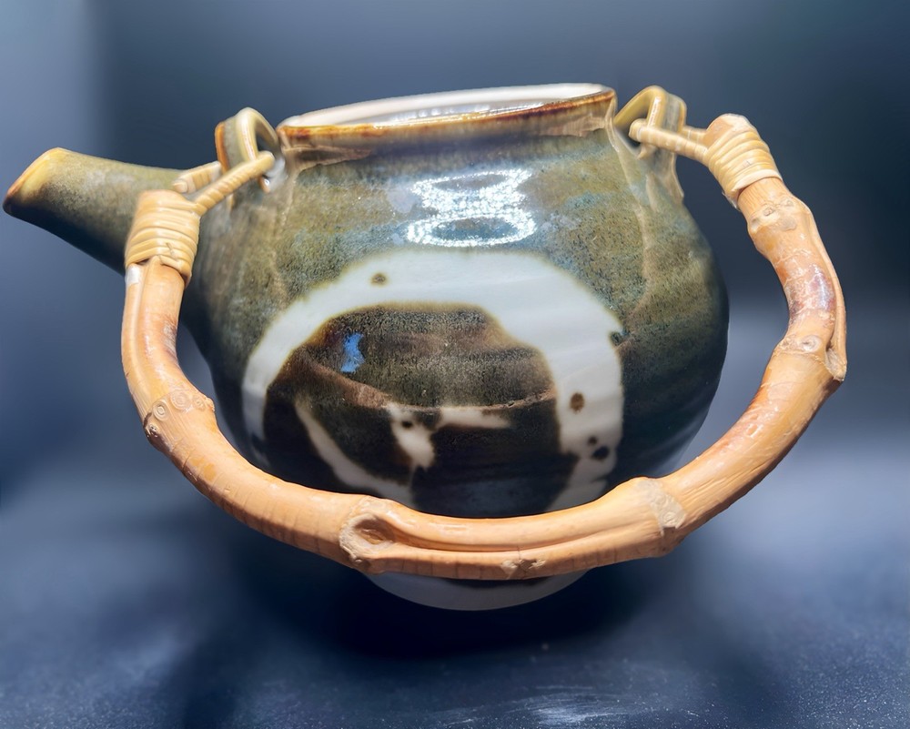 Vintage Studio Pottery Teapot Signed SK Bamboo Handle Hand Thrown Stoneware