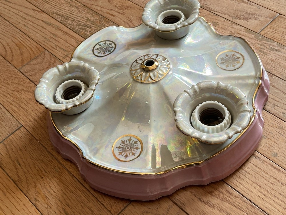 Antique Porcelain 3 Socket Flush Mount Ceiling Light Fixture Medallion Germany