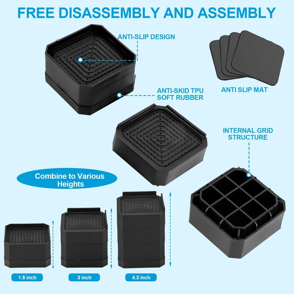 Heavy Duty Furniture Risers, Stackable Bed Risers, Adjustable Bed Raising Blo...