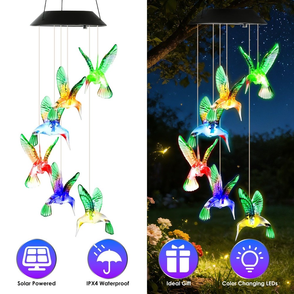 Solar Hummingbird Wind Chime LED String Lights Color Changing Waterproof Decor