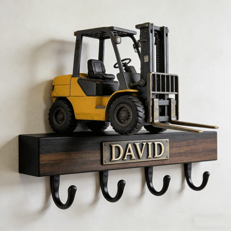 Custom Name Forklift Key Holder Wood Wall Mount 2D Flat Key Rack Hook