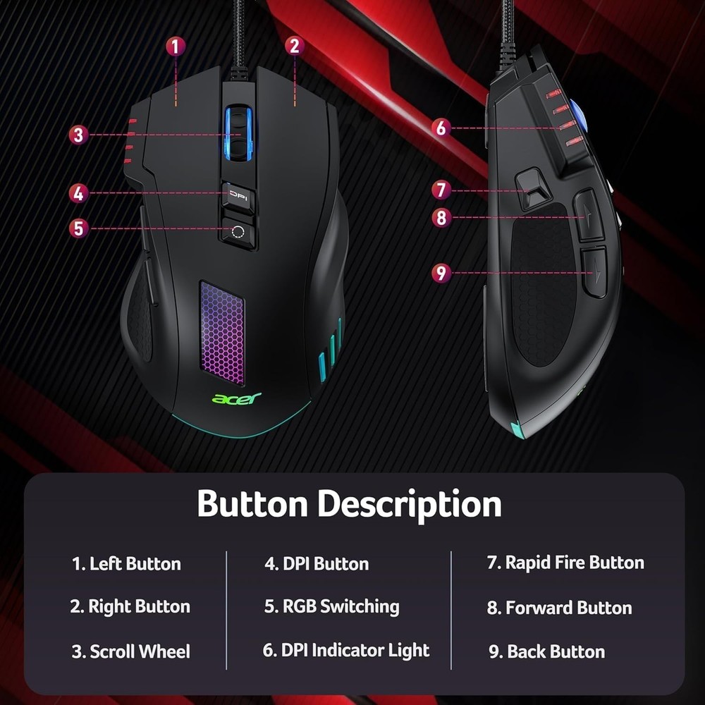 Wired Gaming Mouse, 12,800 DPI RGB Ergonomic Computer Mouse with Optical Sensor,