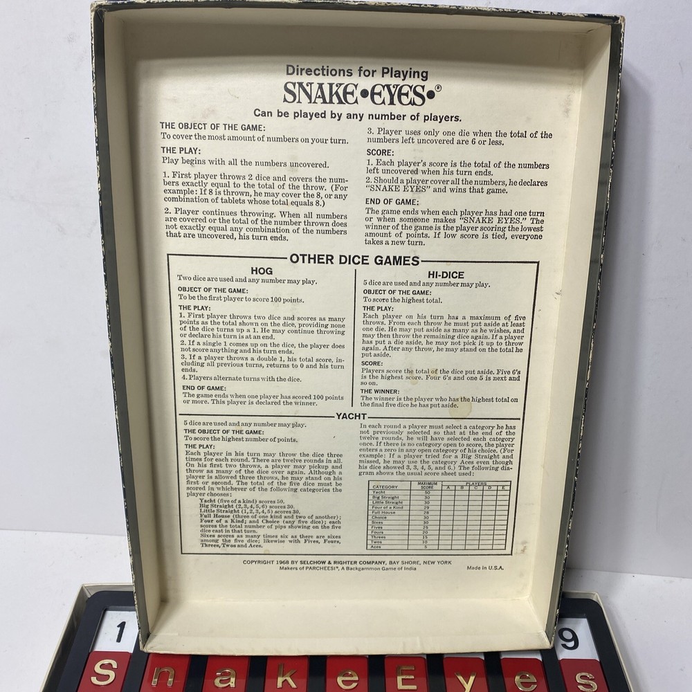 1968 SNAKE EYES A CASINO GAME COMPLETE SELCHOW & RIGHTER