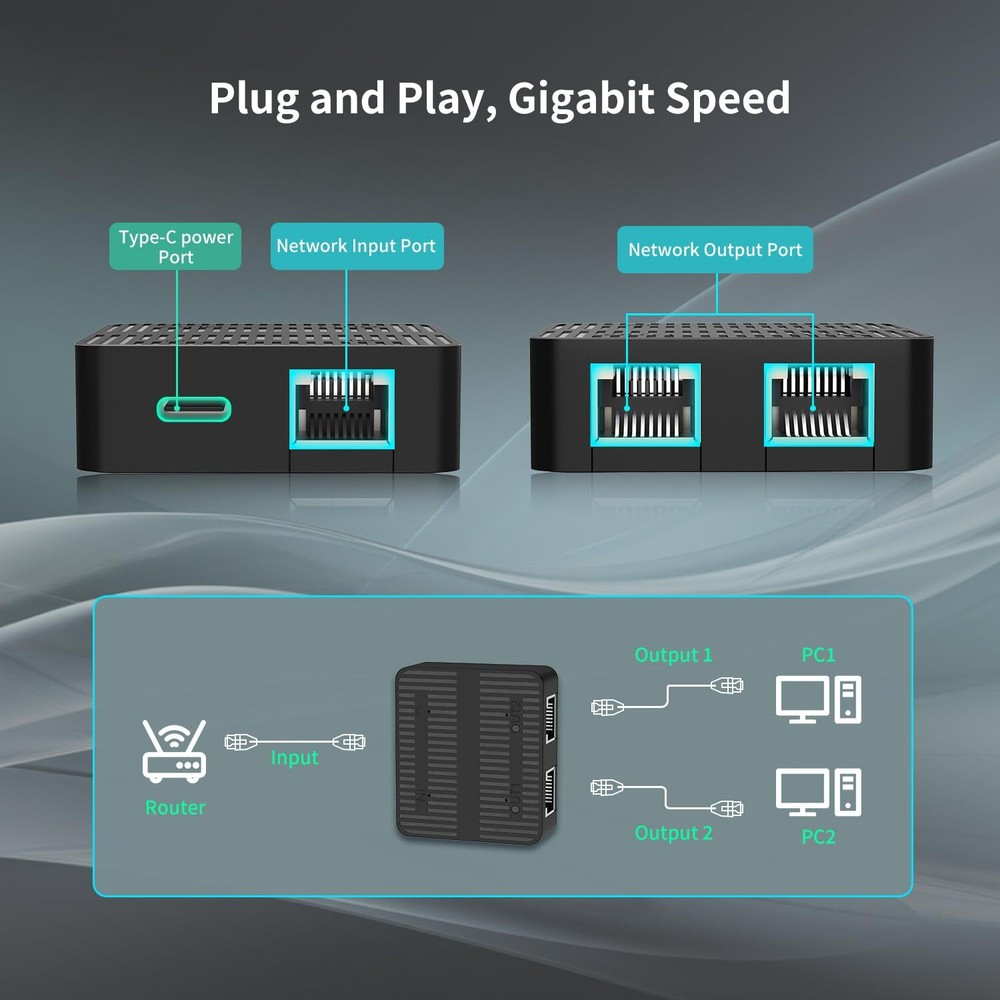 Gigabit Ethernet Splitter 1 to 2 Devices Simultaneously Networking 1000Mbps H...