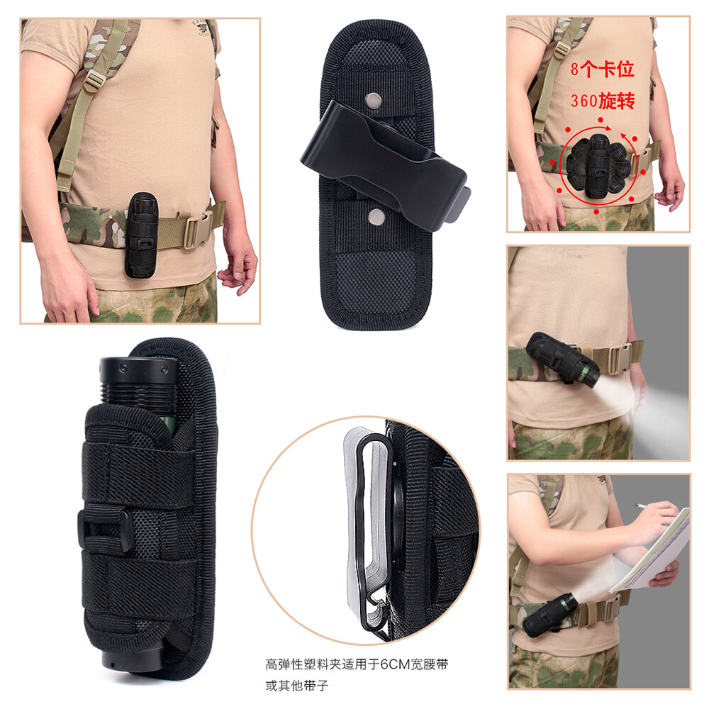 360° Rotatable Belt Flashlight Holder for Elastic Strap Tactical Molle Pack Bags