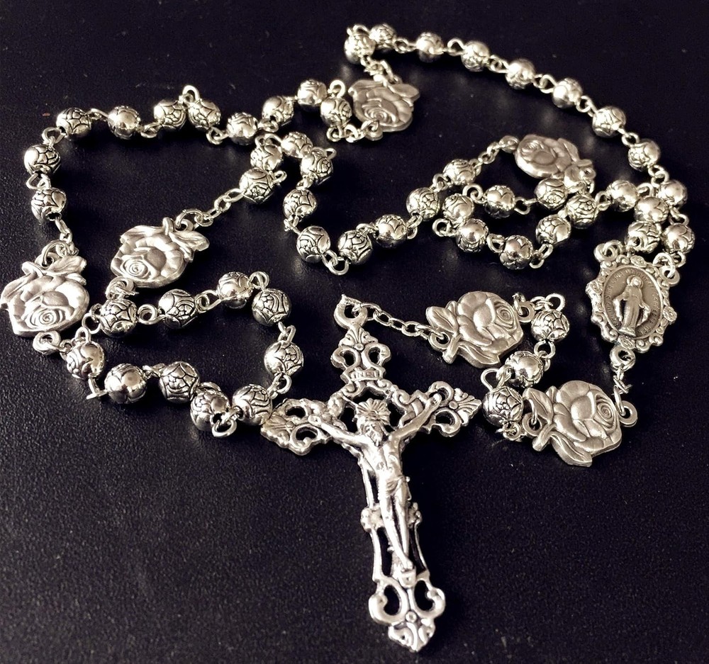 HANDMADE 925 Silver Rose Beads Catholic 5-Decade Rosary w Cross Gift Box Italy