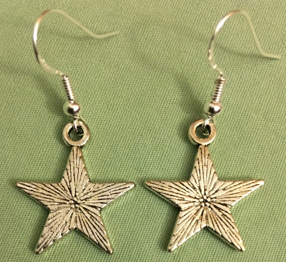 SOLID STAR with RAYS EARRINGS - Pewter with Sterling Silver Ear Wires
