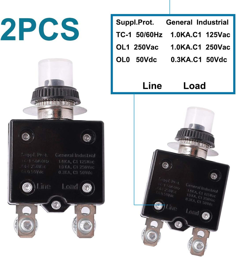 Mxuteuk 2Pcs 20Amp Circuit Breakers Push Button Manual Reset 125/250V AC 50V DC,