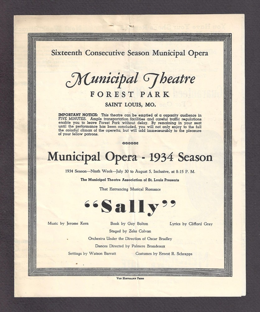 Jerome Kern "SALLY" Queenie Smith / Bartlett Simmons 1934 St. Louis Muni Program