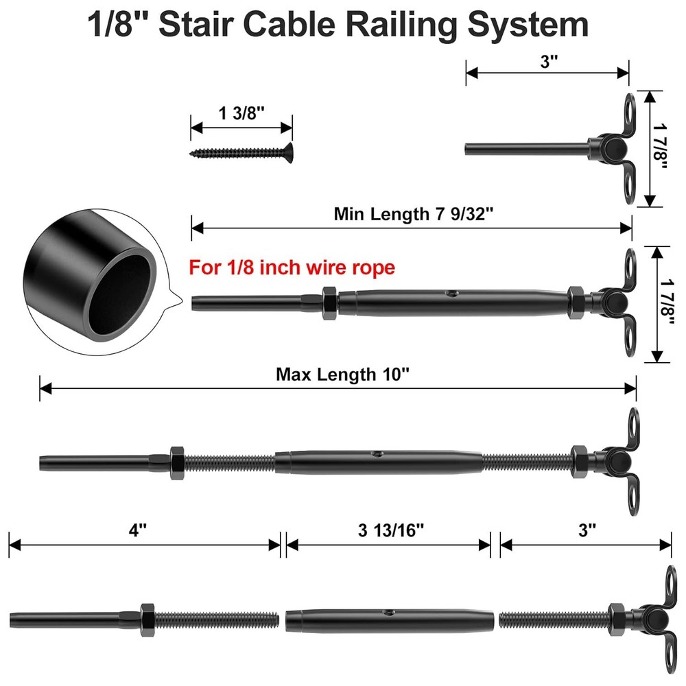 30 Pair 1/8" Black Cable Railing Kit Swage Toggle Turnbuckle Hardware Adjustable