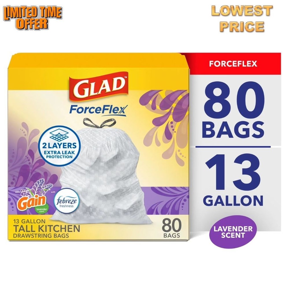 Glad ForceFlex Tall Kitchen Drawstring Trash Bags, 13 Gallon, Gain 80 Count