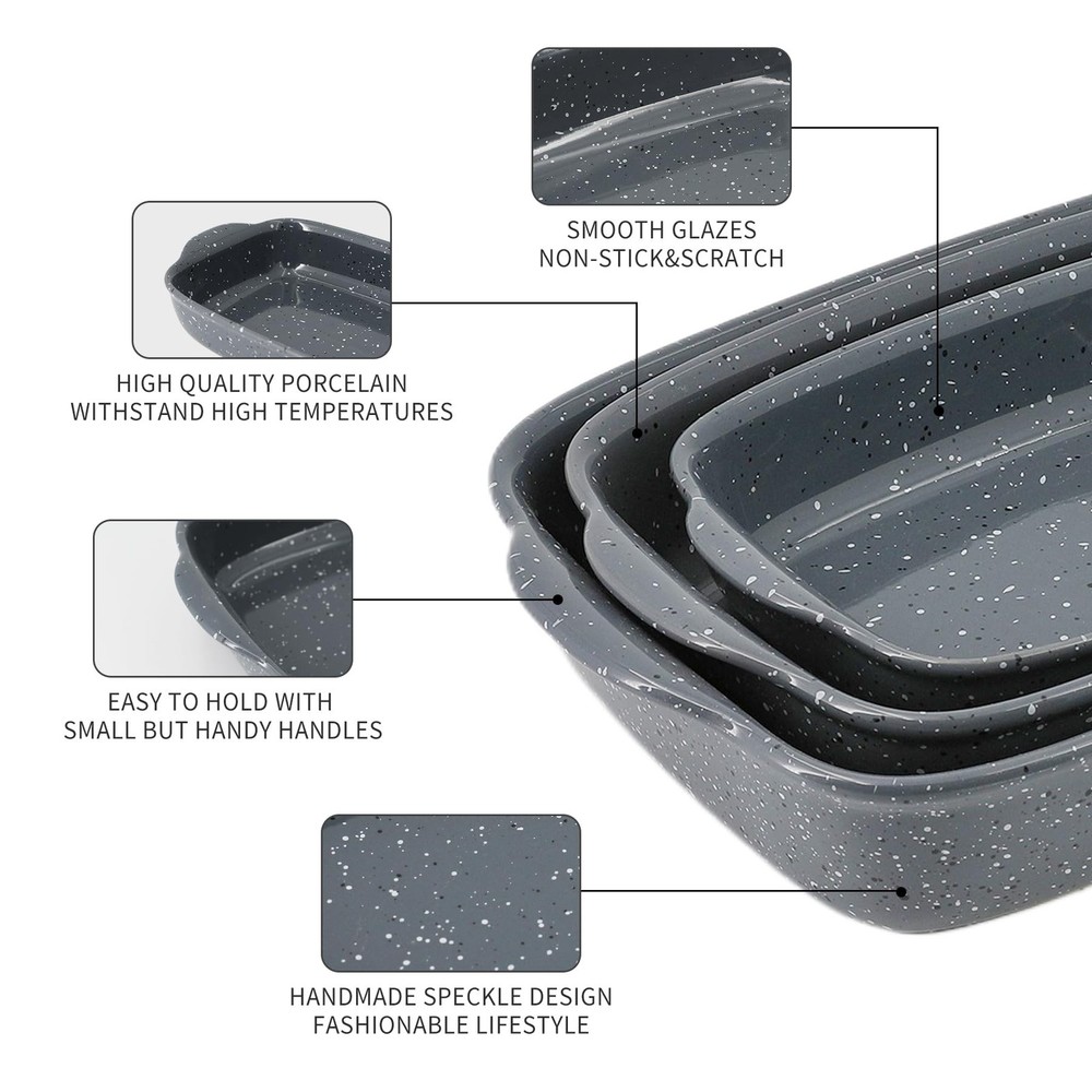 Ceramic Bakeware Dish Set of 3, Rectangular Baking Casserole for Oven,High He...