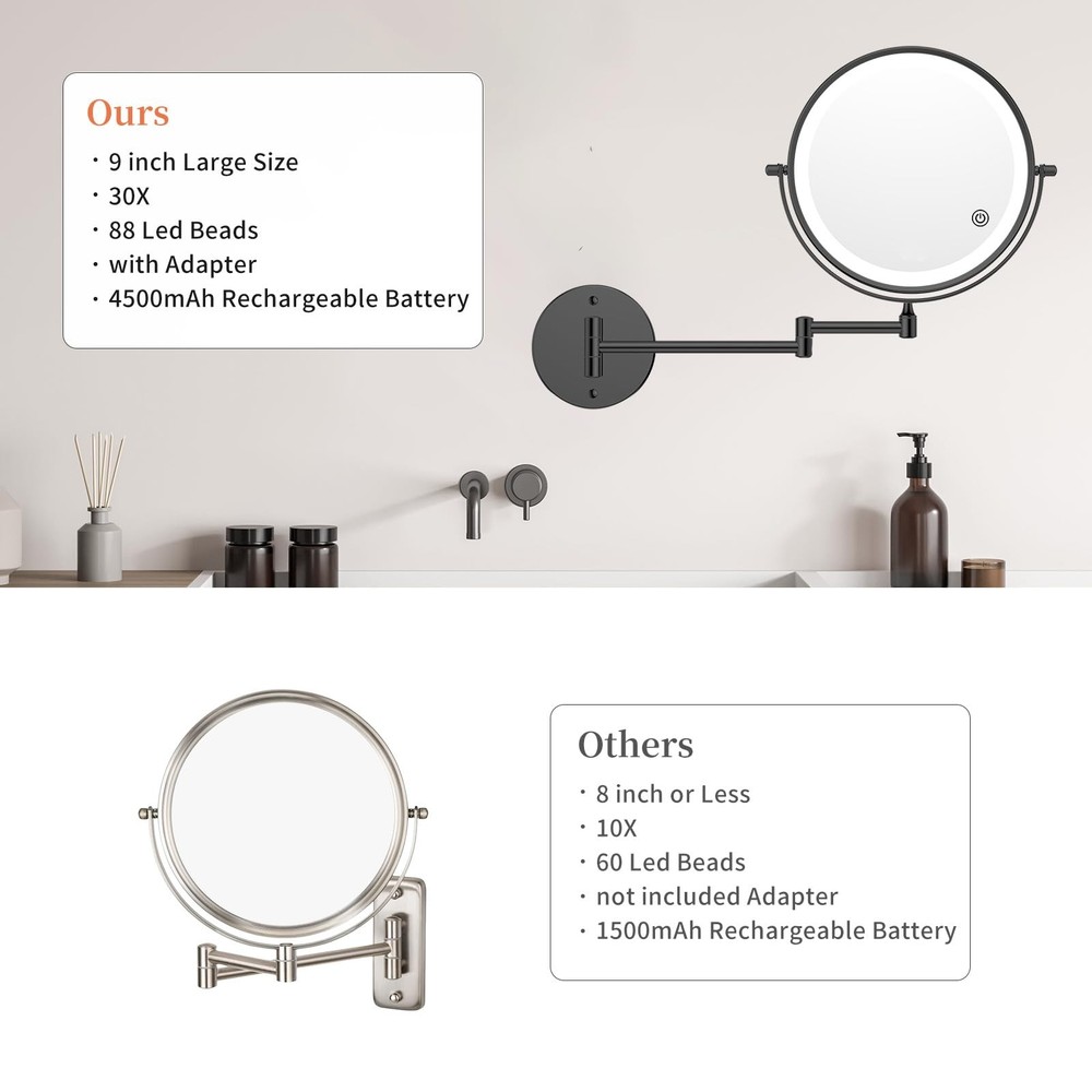 5000mAh Rechargeable Wall Mounted Makeup Mirror with Lights, 8.7" Double Side...