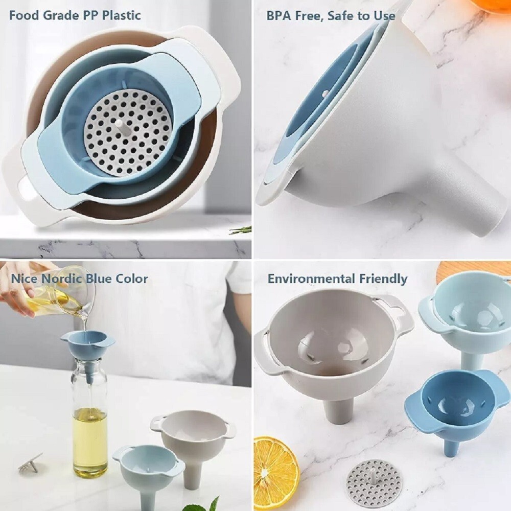 3 Kitchen Funnel Set with Detachable Strainer Filter Oil Funnel for Kitchen Use