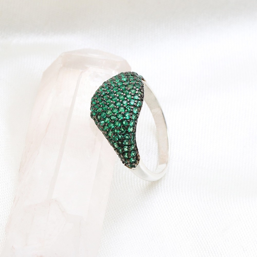 925 Sterling Silver Lab Created Emerald Pave Ring, Dome Statement Ring for Women