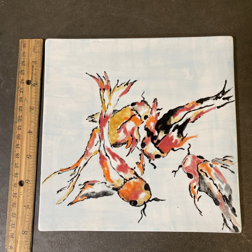 Koi fish hand painted decorative tile