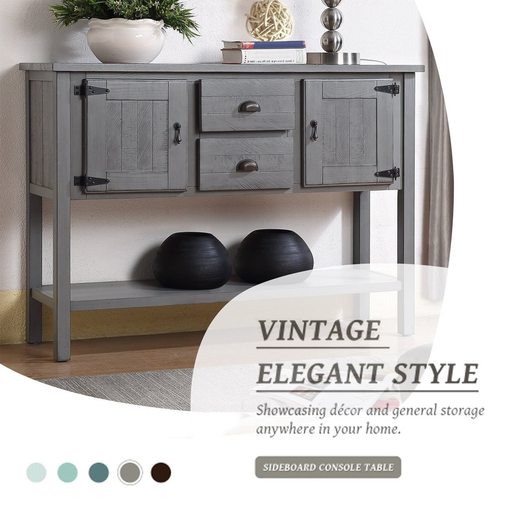 Solid wood side table with 2 drawers, cabinet, bottom shelf, and two doors