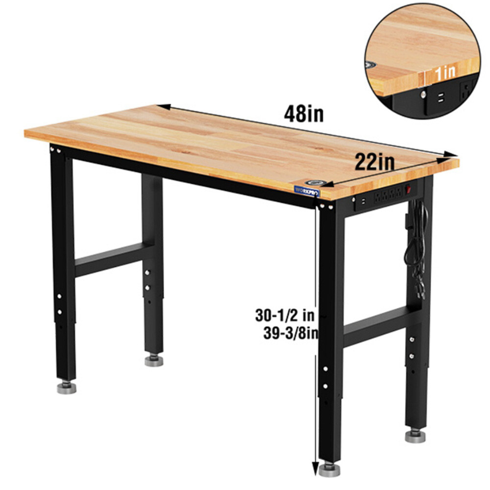 WORKPRO 48" Adjustable Workbench, Rubber Wood Top Heavy-Duty Workstation NEW