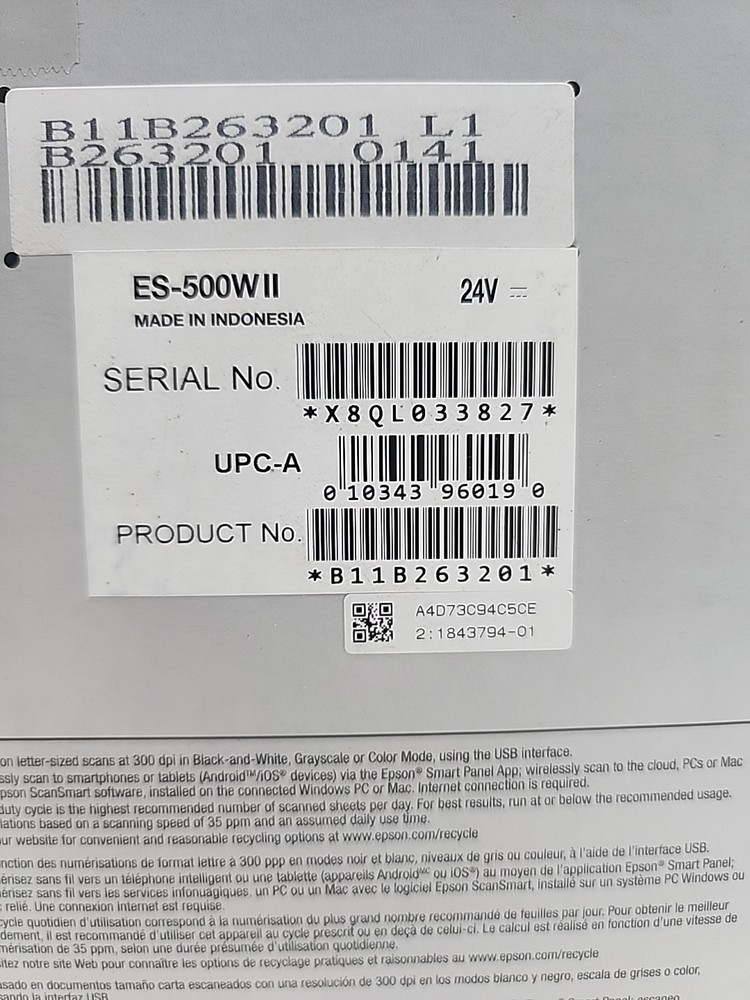 Epson WorkForce ES-500W II Wireless Duplex Document Scanner Open Box Complete