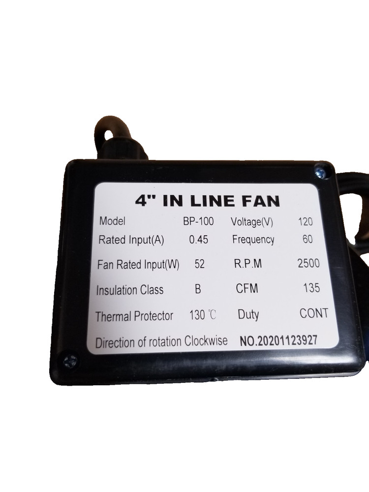 Intertek 4'' In Line Fan Model BP-100