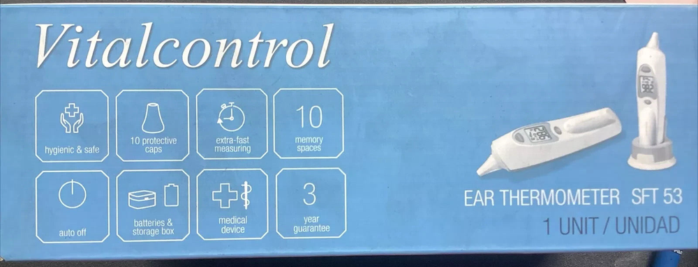VitalControl SFT53: Ear Thermometer w/ Interchangeable Protective Cap - White