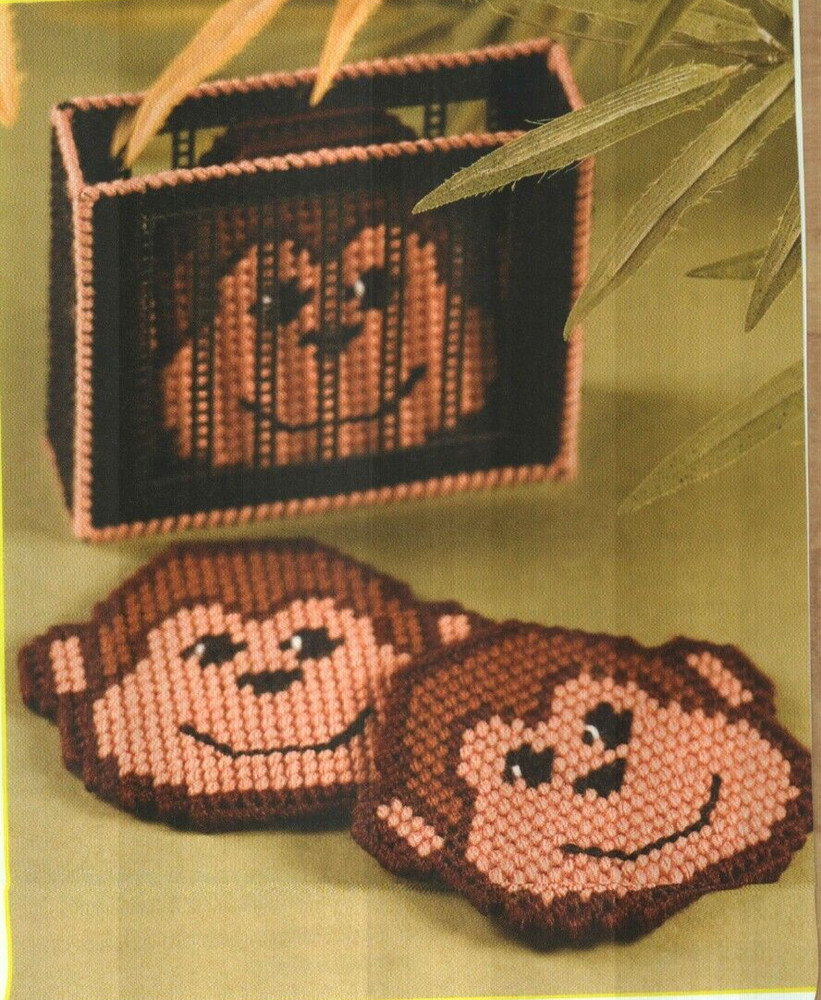 MISCHIEVOUS MONKEY COASTERS HOME DECOR PLASTIC CANVAS PATTERN INSTRUCTIONS
