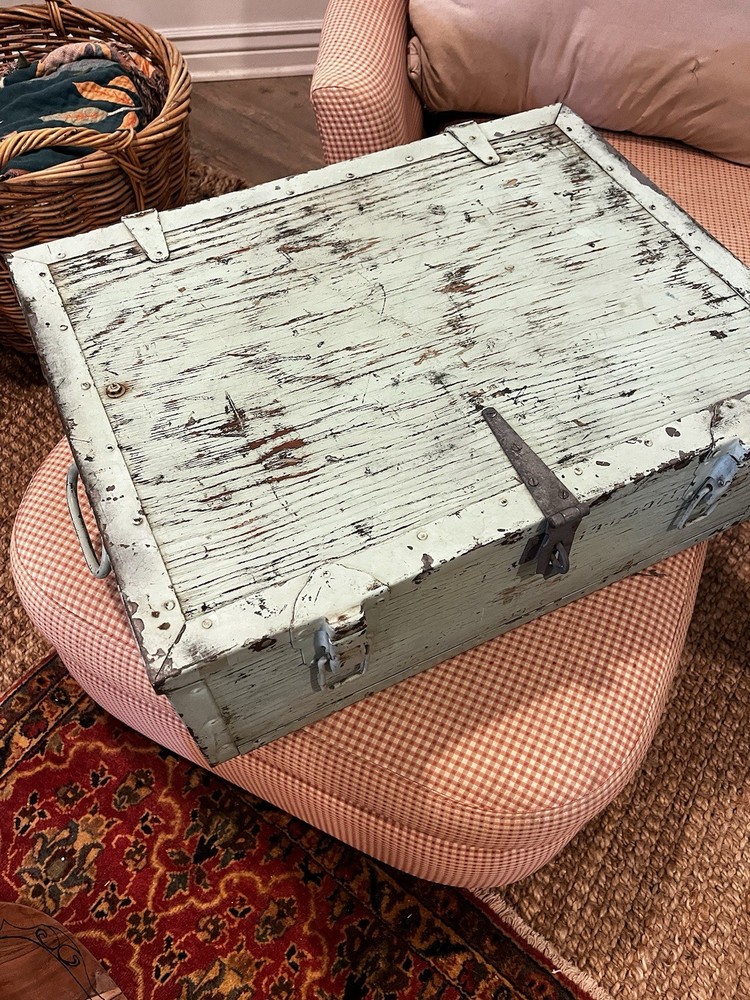 Antique Chippy Teal Wood Trunk