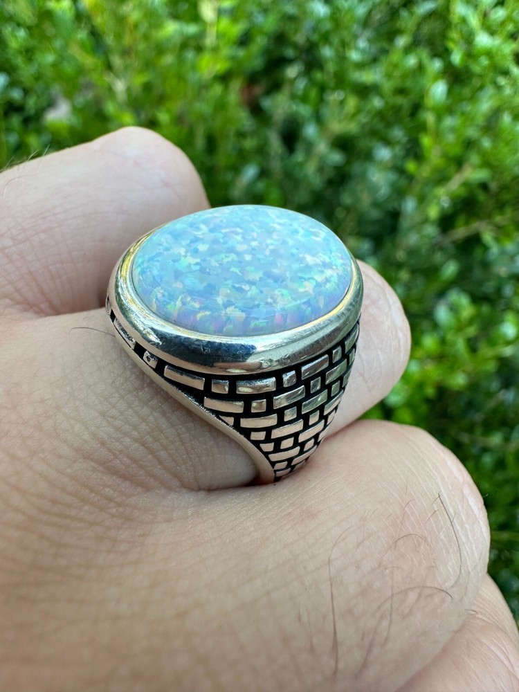 Real 925 Sterling Silver Lab Created White Fire Opal Gem Stone Ring Large Mens