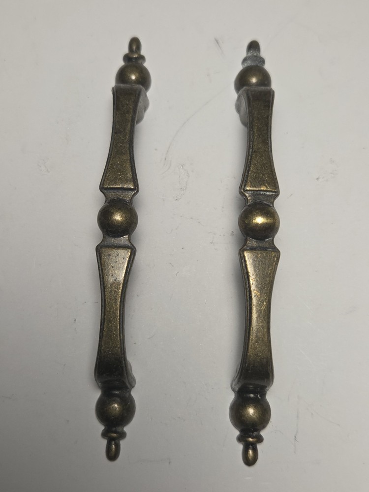 Vintage Solid Brass Cabinet Handles 5” Turned Spindle Drawer Pulls Pair
