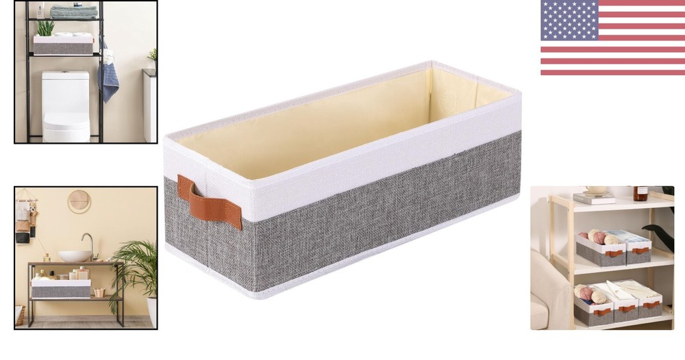 Foldable Open Storage Bins - Fabric Storage Containers with Leather Handles