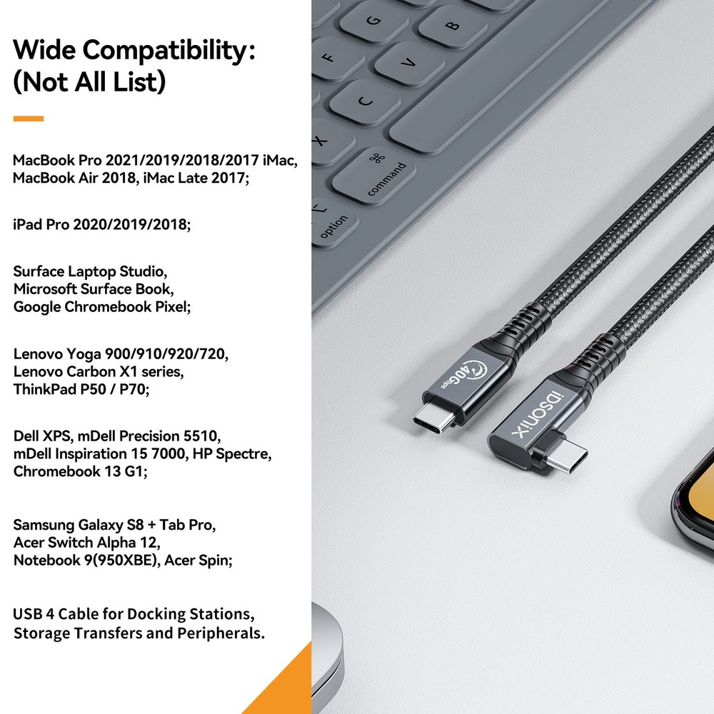 2.6FT USB C Cable 40Gbps Data Single 8K Dual 4K Display PD 100W LShaped