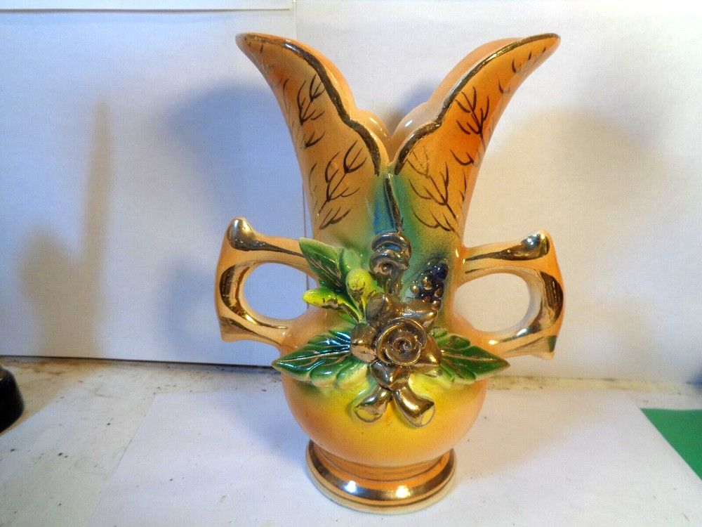 Floral Pattern double Handle 7 3/4: Ceramic Vase, 1982, Mexico (Used)