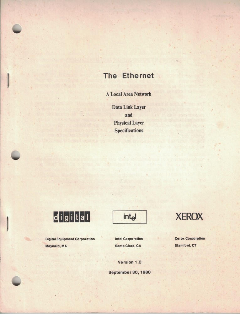 Ethernet Specification Version 1.0 Digital-Intel-Xerox 1980 Original