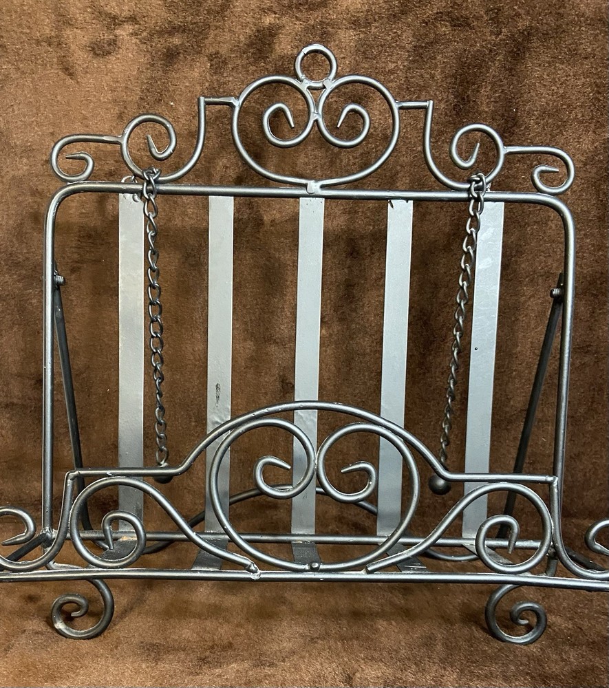 Black Wrought Iron Cookbook Holder Stand Scroll With Page Weights