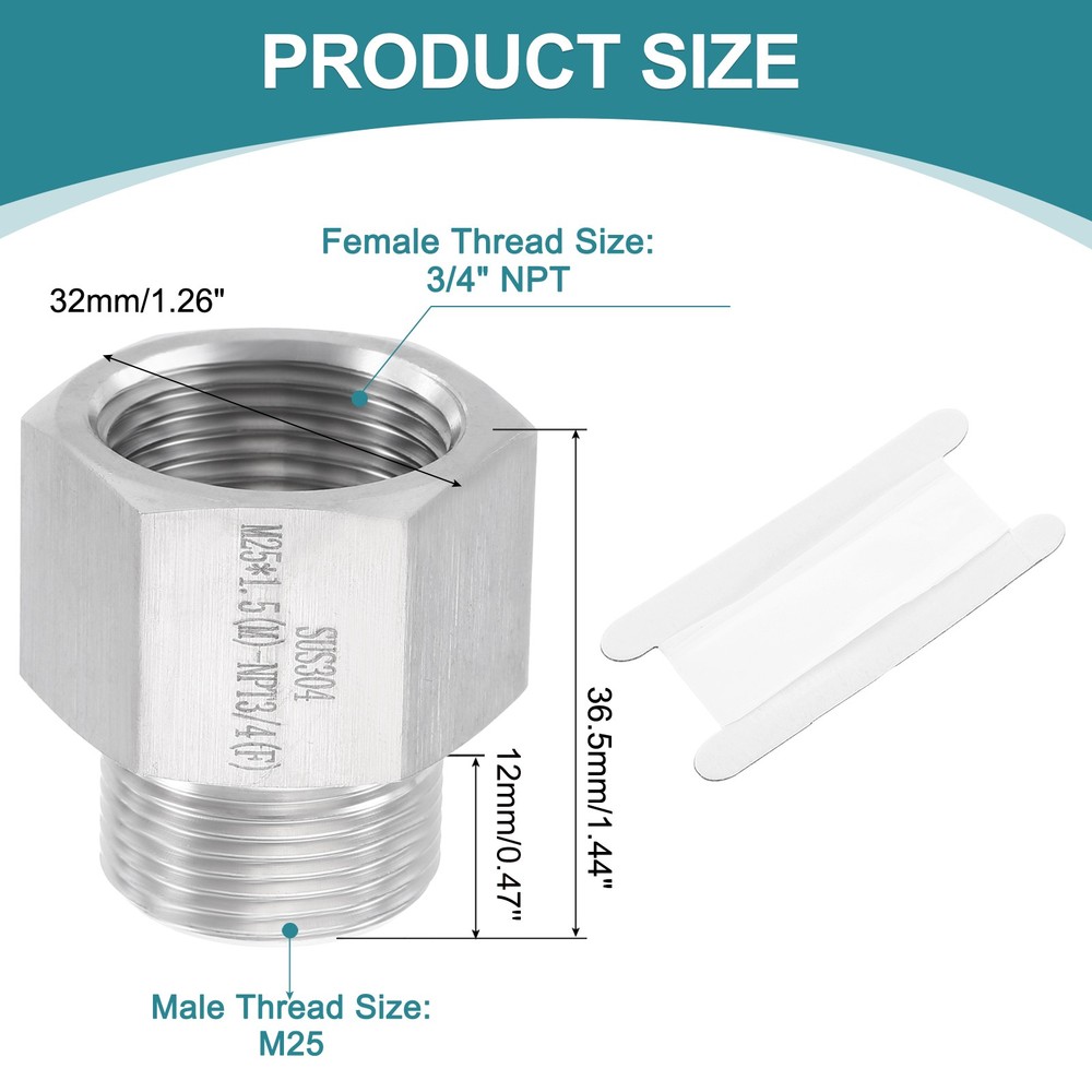 Pipe Fitting Reducing Adapter M25 x 3/4" NPT Reducer Connector Silver