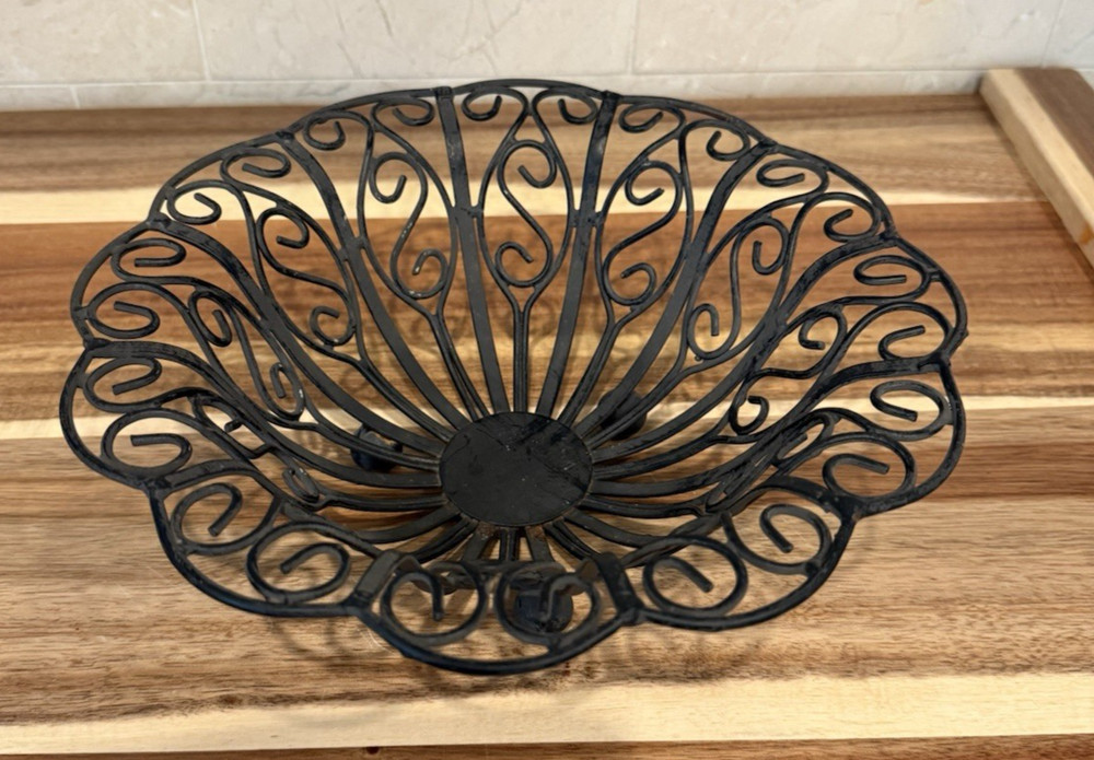 Vintage Black Wrought Iron Fruit/ Vegetable Bowl/Basket Scroll Footed Base Decor
