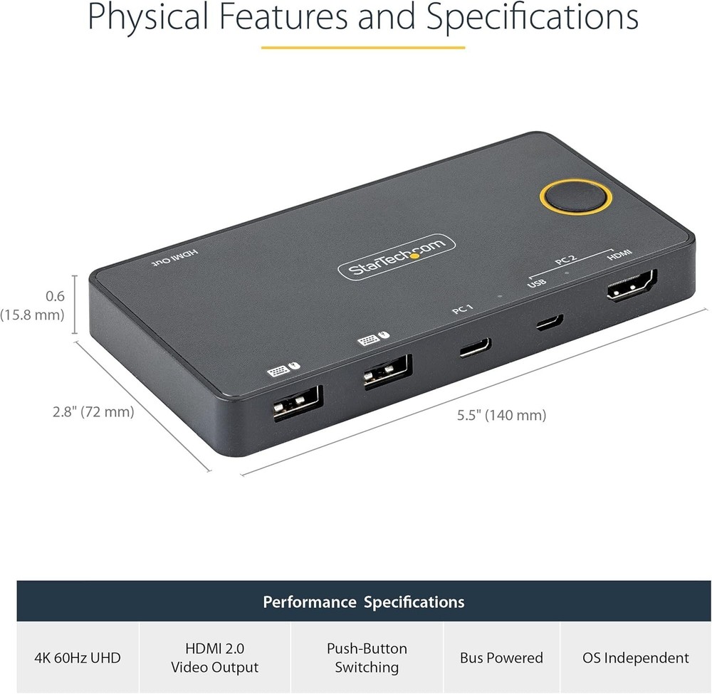 USB Bus Powered KVM Switch - 2 Port with 4K 60Hz HDMI for Multi-Device Use