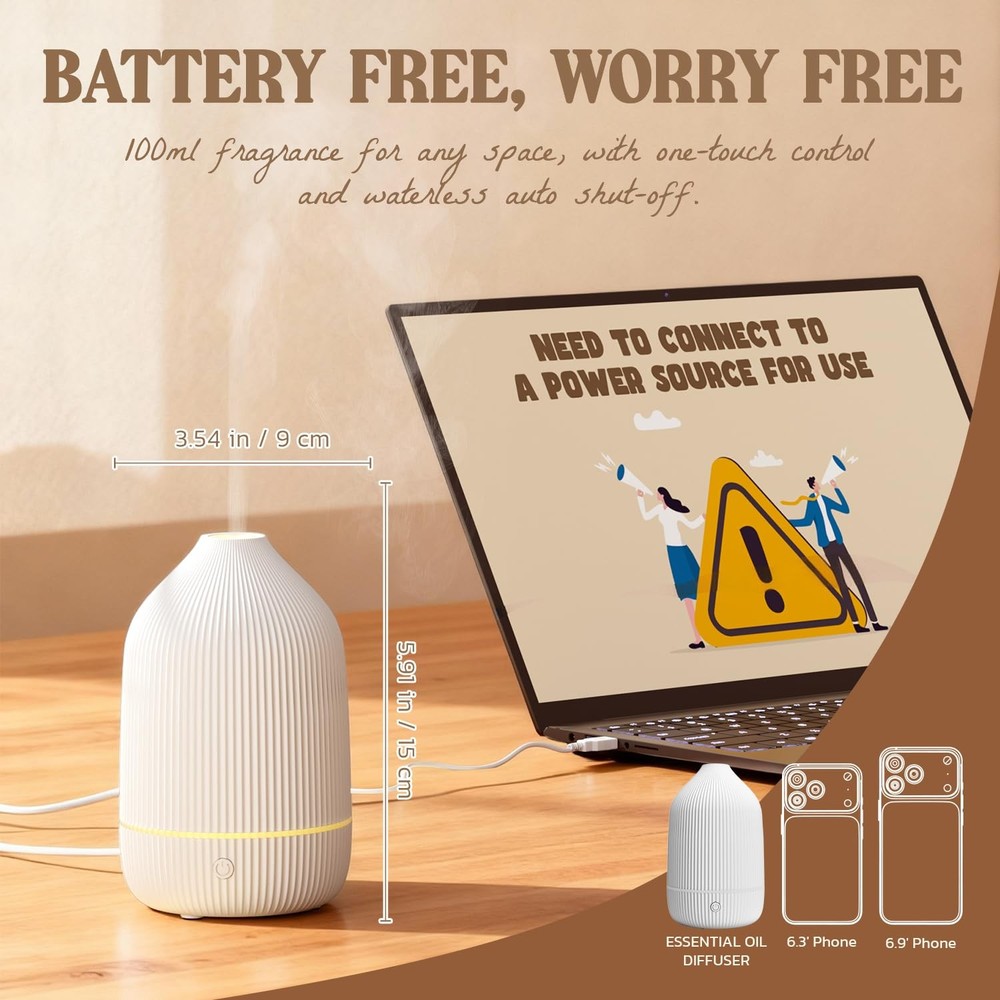 Essential Oil Diffuser, 100ml Aromatherapy Mini Ultrasonic White