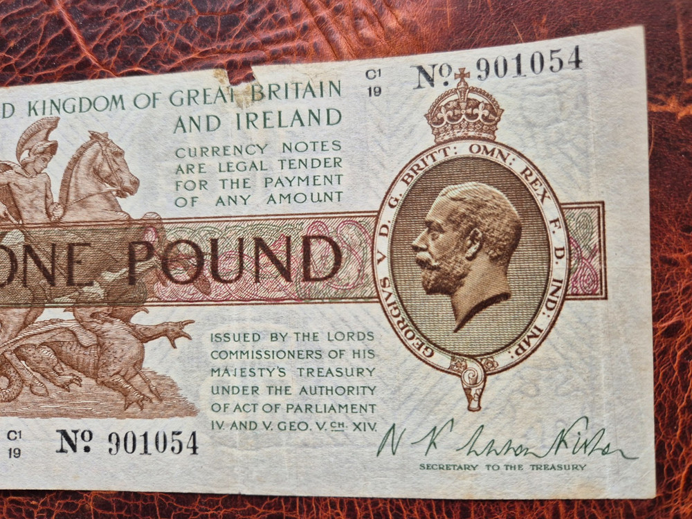 Great Britain 1 pound 1920's Fisher Treasury Note banknote