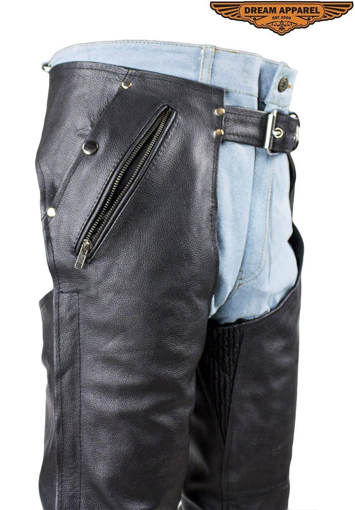 Black Cowhide Leather Men's Motorcycle Biker Multi-Pocket Mesh lining Chaps